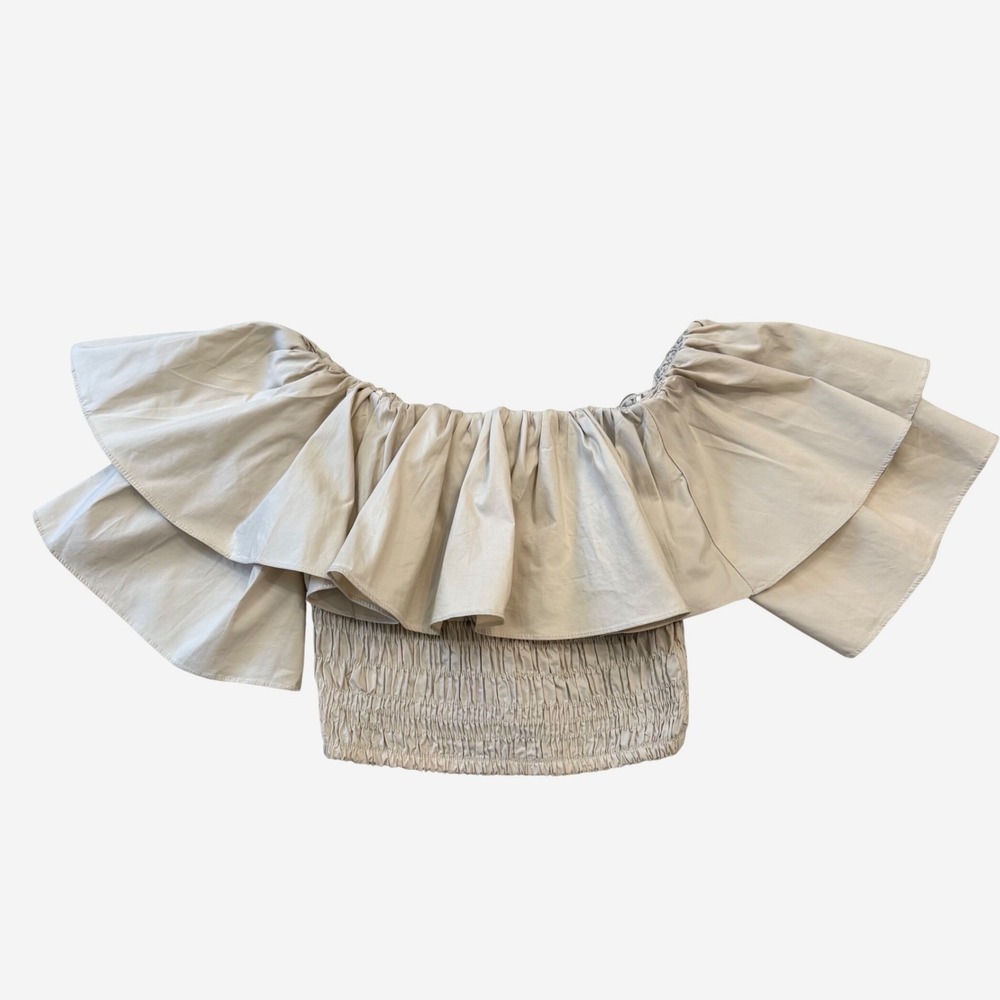 VICI Chic Off The Shoulder Boho Ruffle Smocked Crop Top Tan Cottagecore S